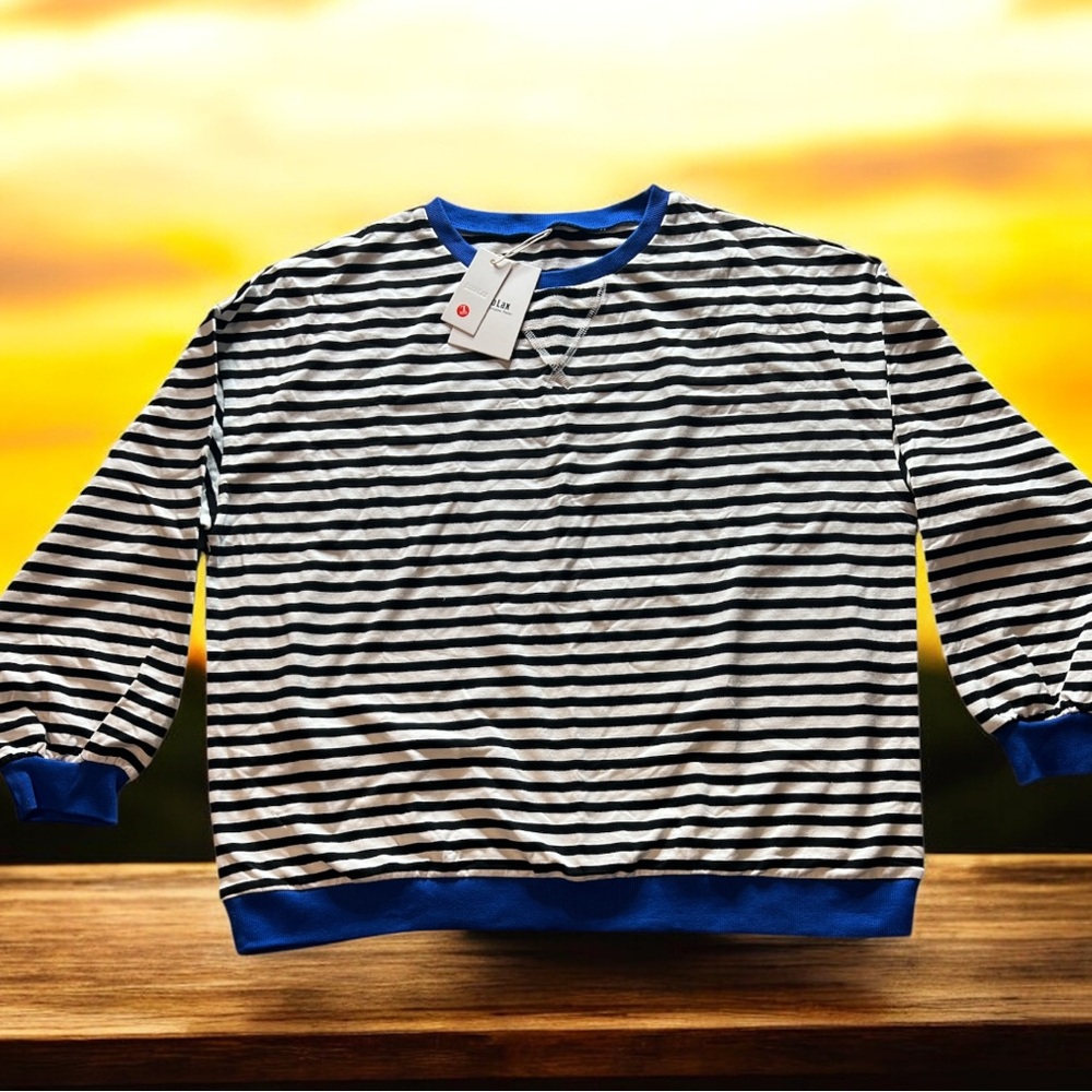 NWT EncoLax Navy White Stripe Sweatshirt Blue Trim Crewneck Long Sleeve Large‎